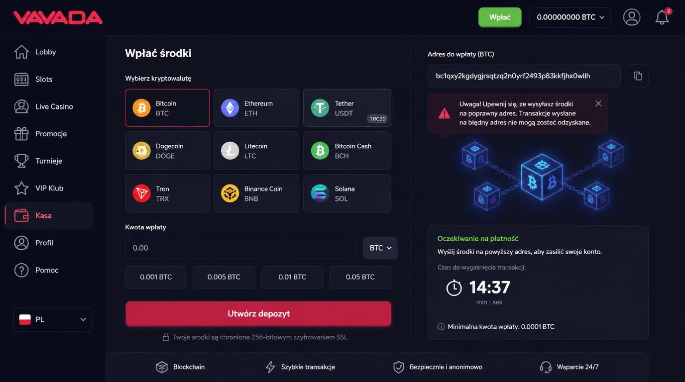 Kryptowaluty używane w Vavada Casino i czas transakcji – grafika edukacyjna